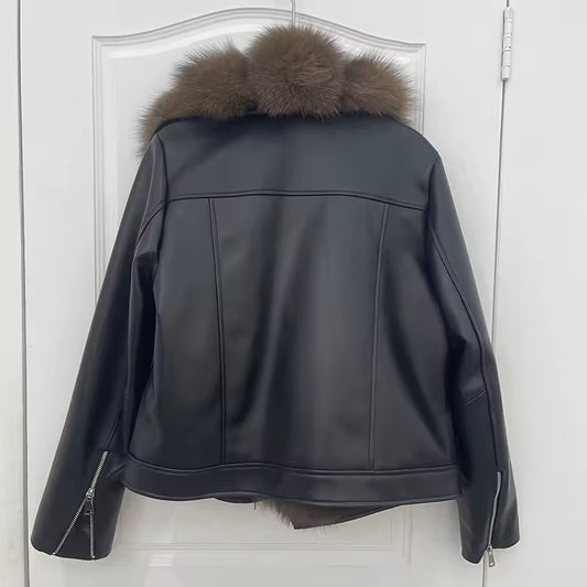 Leather jacket with fox fur