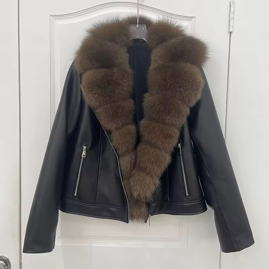 Leather jacket with fox fur
